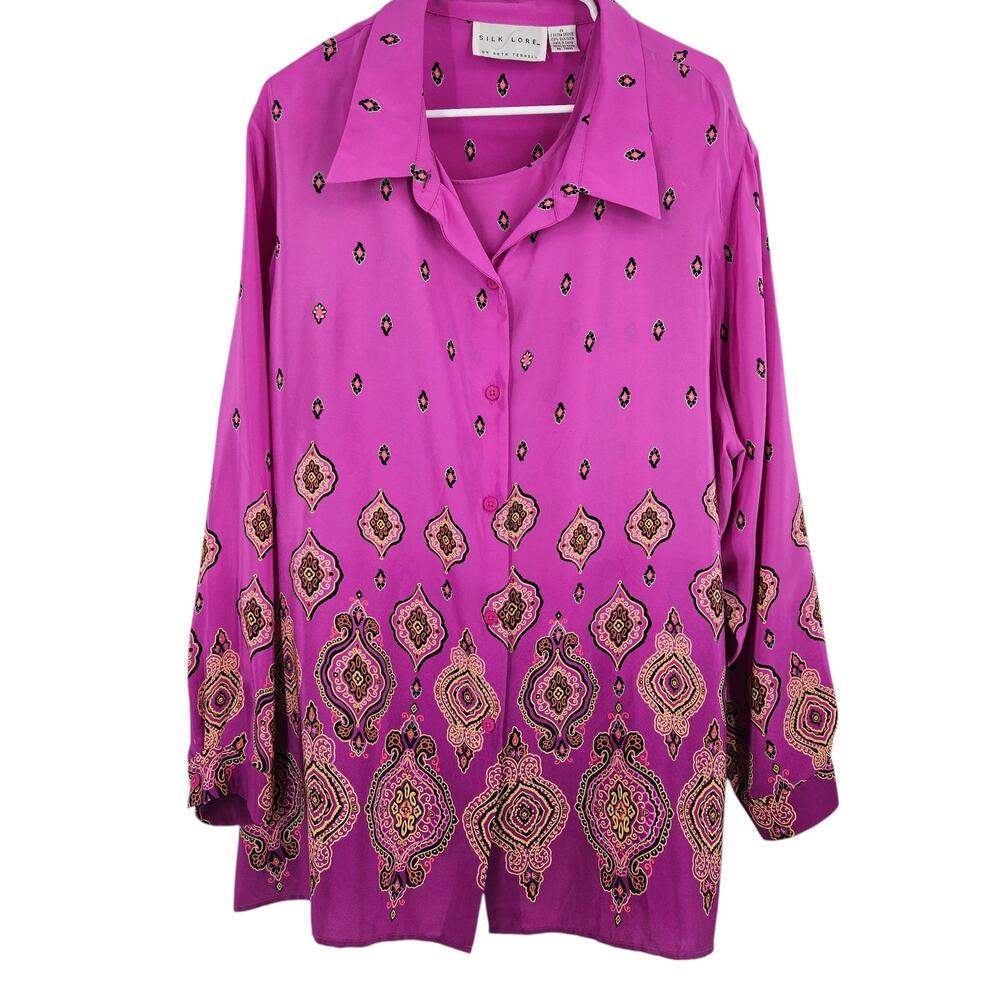 Silk Lore Blouse Top paisley Tank Set Pink Silk Button Down Long Sleeve 2X